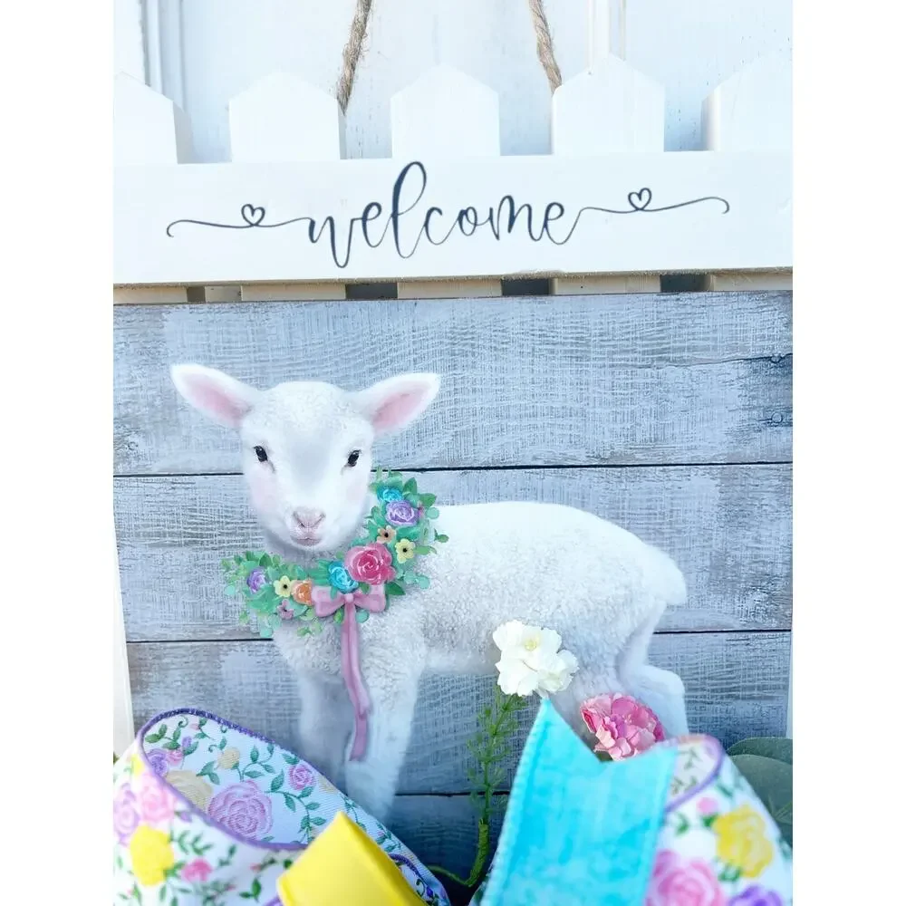 Easter Picket Fence Door Wreath with Lamb, Wood Porch Decoration, Floral Accents